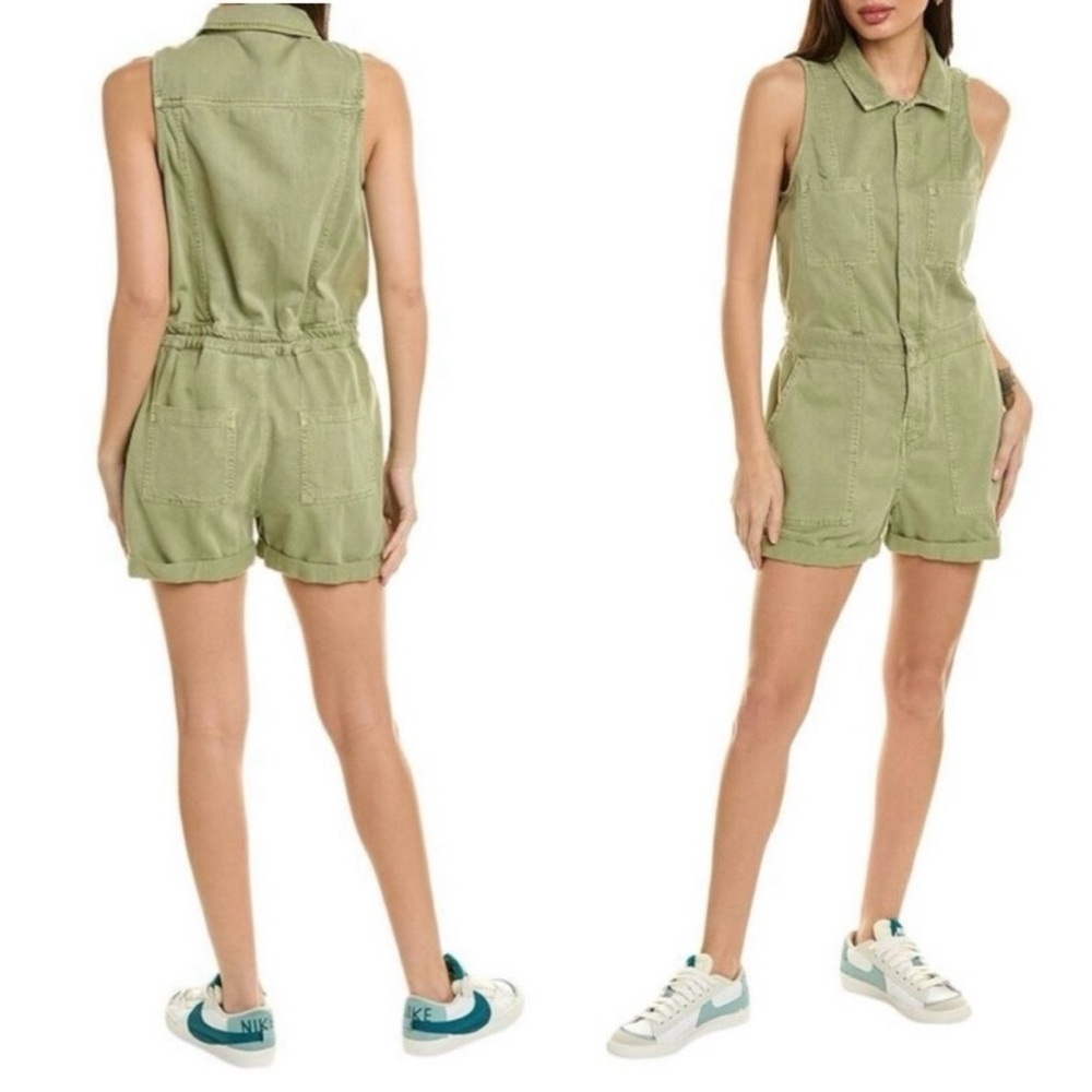 BELLA DAHL Front Zipper Soft Denim Sleeveless Romper in French Olive Sz L